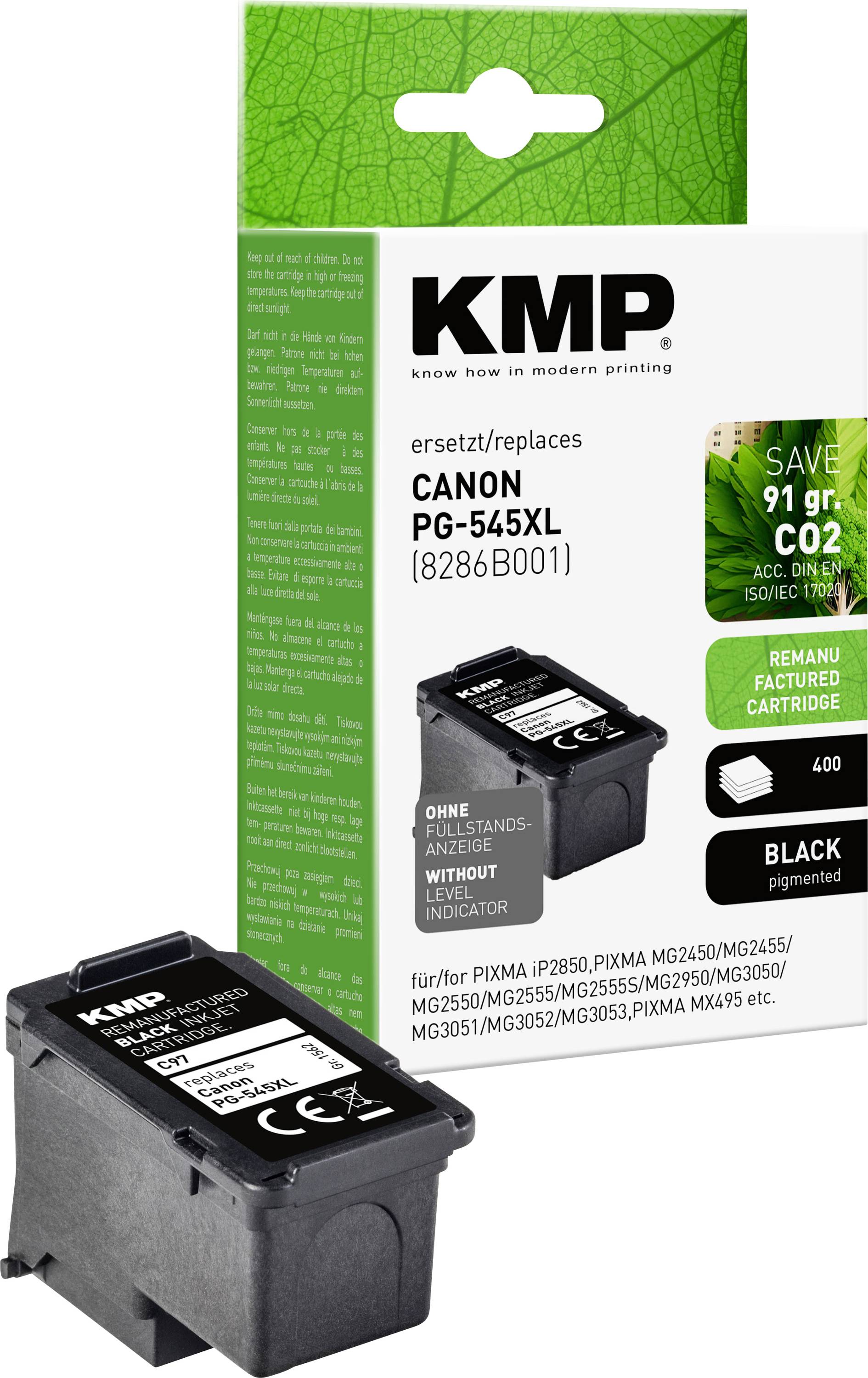 'KMP Blækpatron PG-545XL' emballage. Etiketten viser, at den er kompatibel med forskellige Canon-printere og har en CO2-reduktion på 91 gram.
