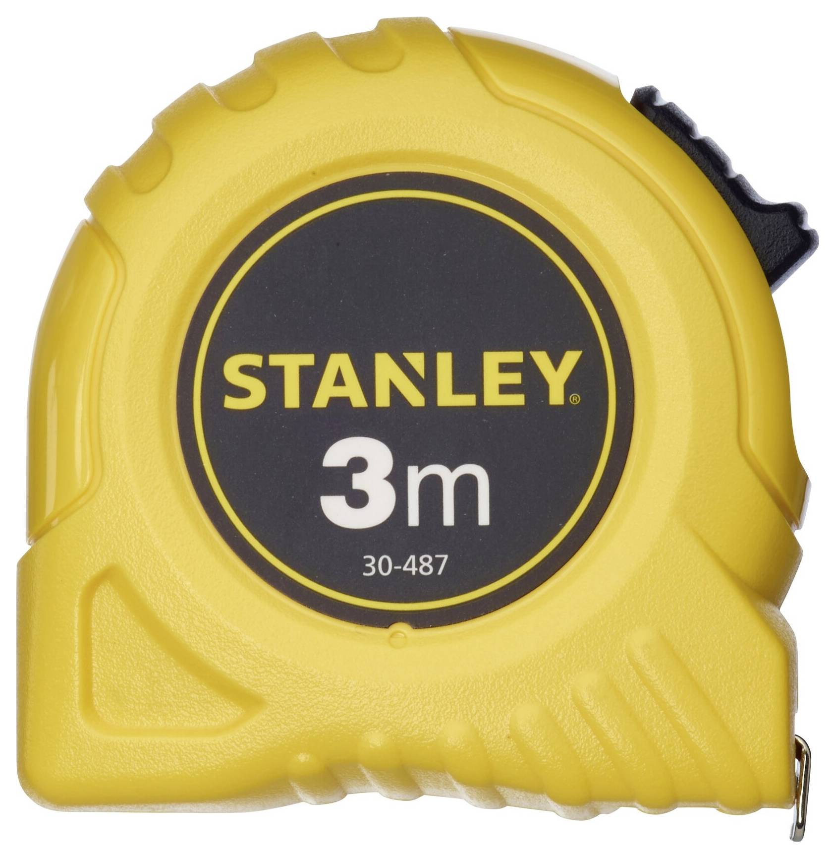 Gult Stanley-målebånd med sort midterparti, som viser en længde på 3 meter.