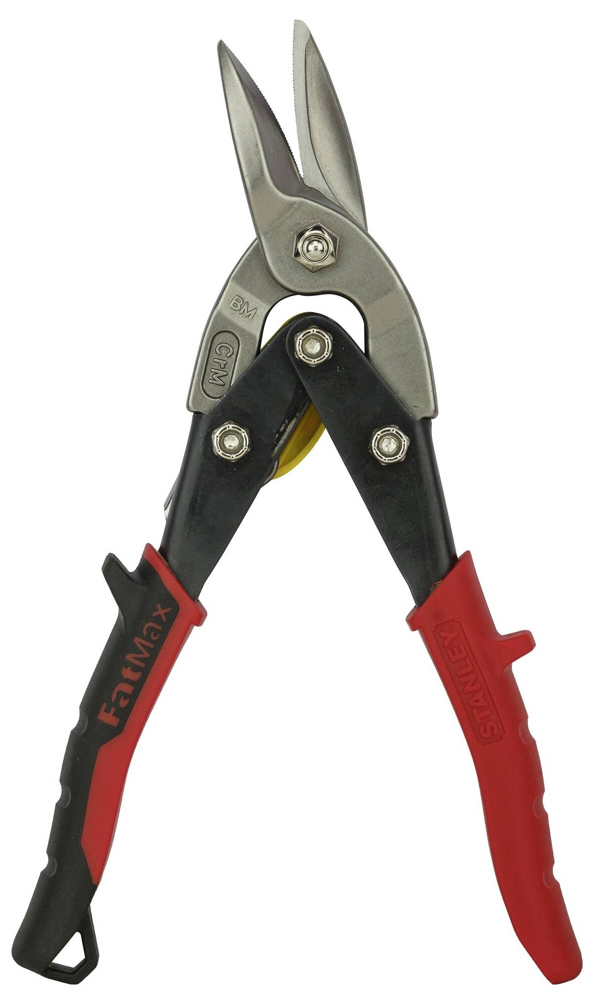 Metalsaks med røde og sorte håndtag, egnet til at klippe metal. Saksebladene er robuste og designet til præcise snit.