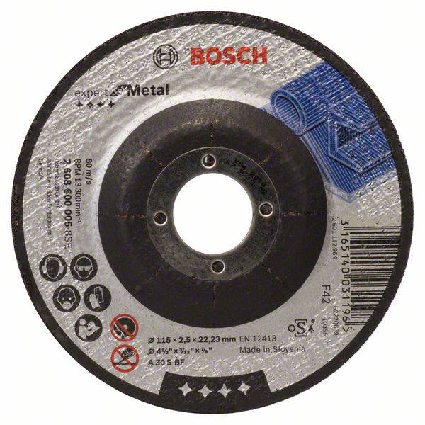 'Bosch skæreskive til metal, 115mm x 2,5mm, egnet til vinkelsliber. Indeholder sikkerheds- og anvendelsessymboler.'