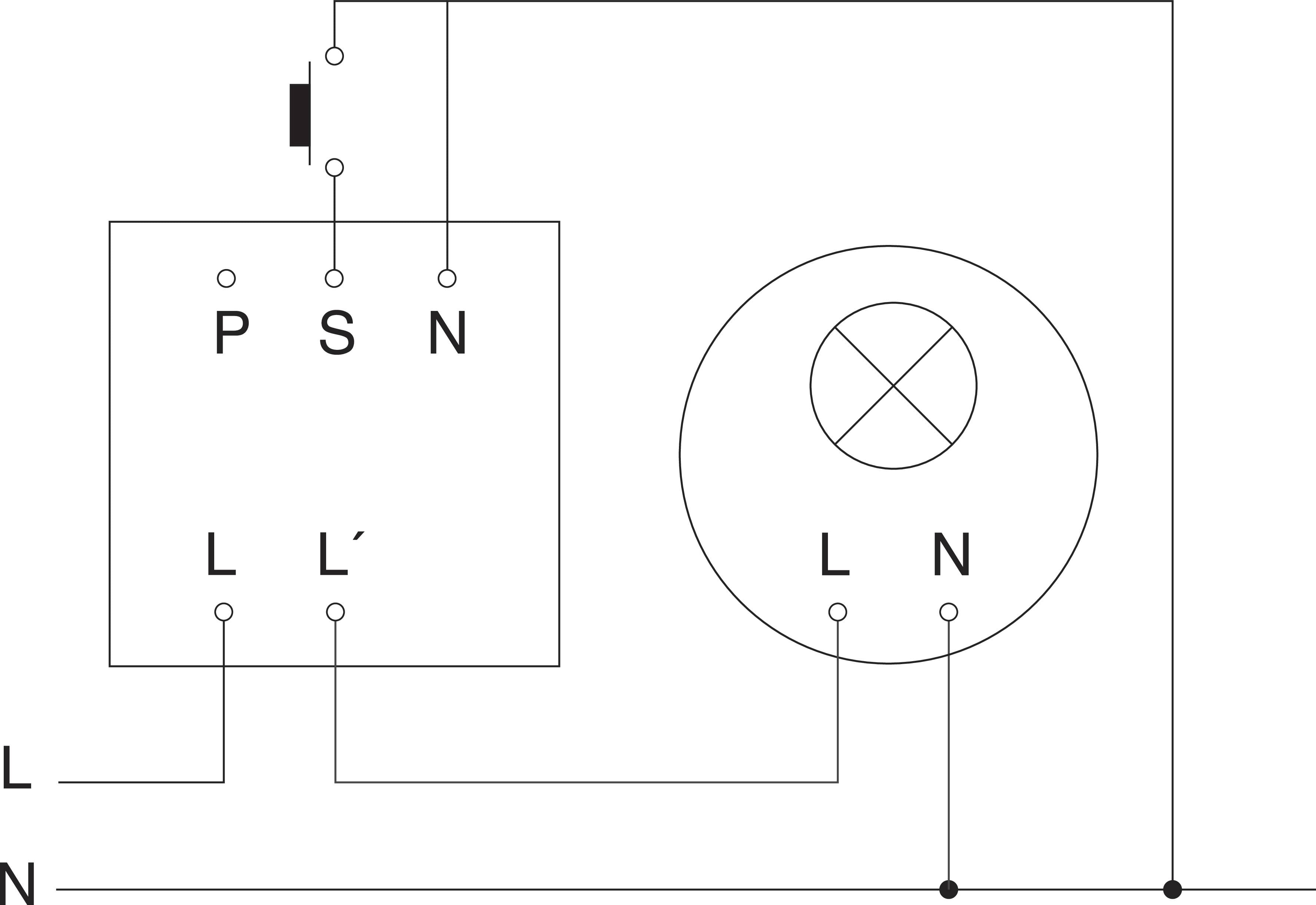 Principdiagram for et elektrisk system med kontakter, transformer og lampe. Tilslutninger L og N markeret. Ledningsføring vist.