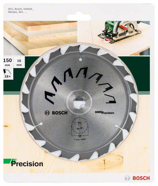 Bosch rundsavsklinge med 150 mm diameter og 16 mm centerboring. Emballagen viser anvendelser på træ og kompatible mærker.