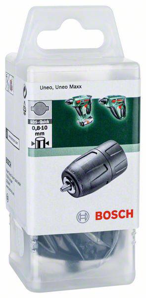 Produktemballage til Bosch borepatron, egnet til Uneo og Uneo Maxx, med illustration af værktøjet og detaljer om borepatronen.
