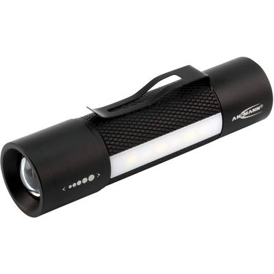 Sort lommelygte med clips, LED-lysstribe og struktureret greb for bedre fat. Kompakt og bærbar til alsidig brug.