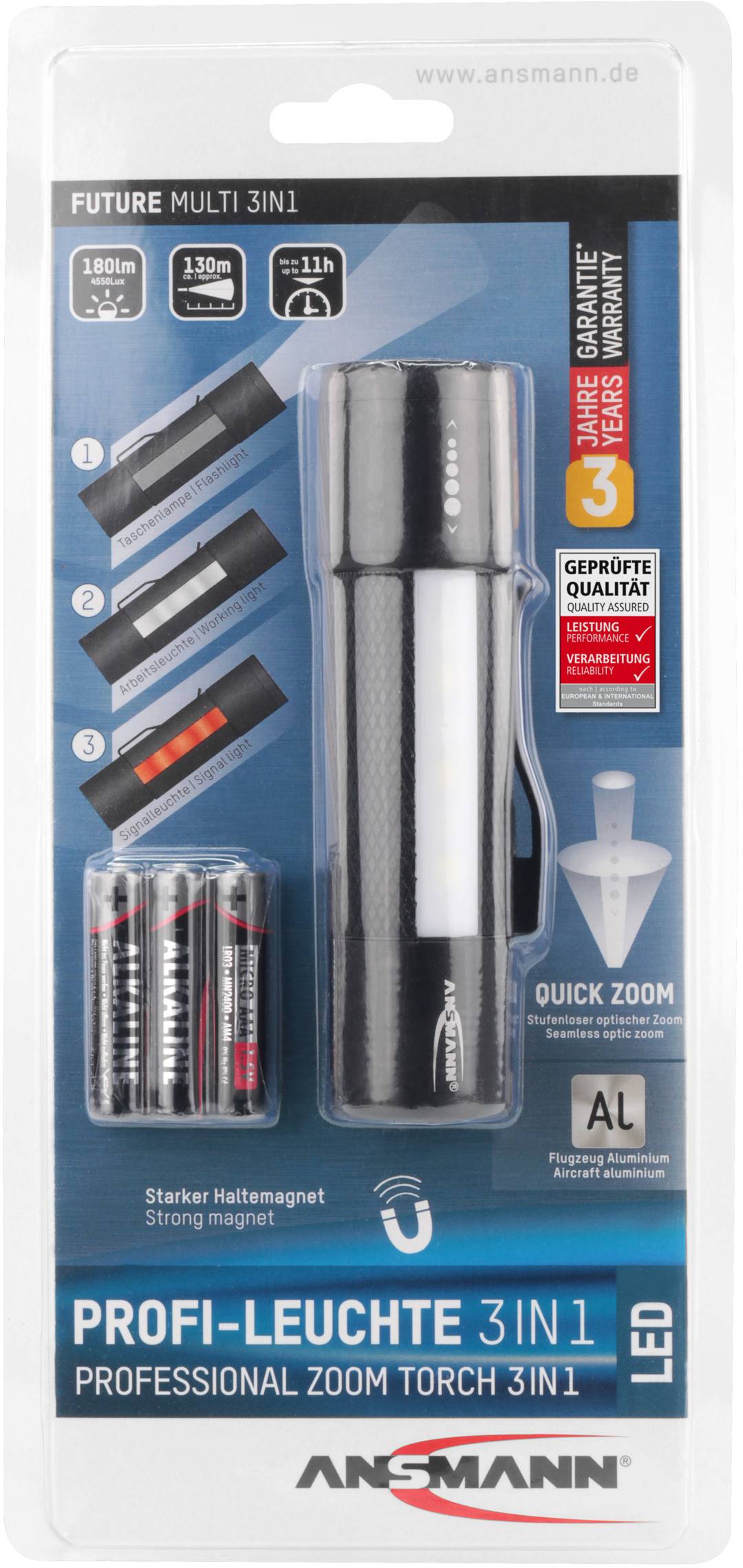 'Future Multi 3 i 1 LED Lommelygte' i emballage. Indeholder også batterier. Funktioner: Stærk magnet, justerbart fokus, 3 års garanti.