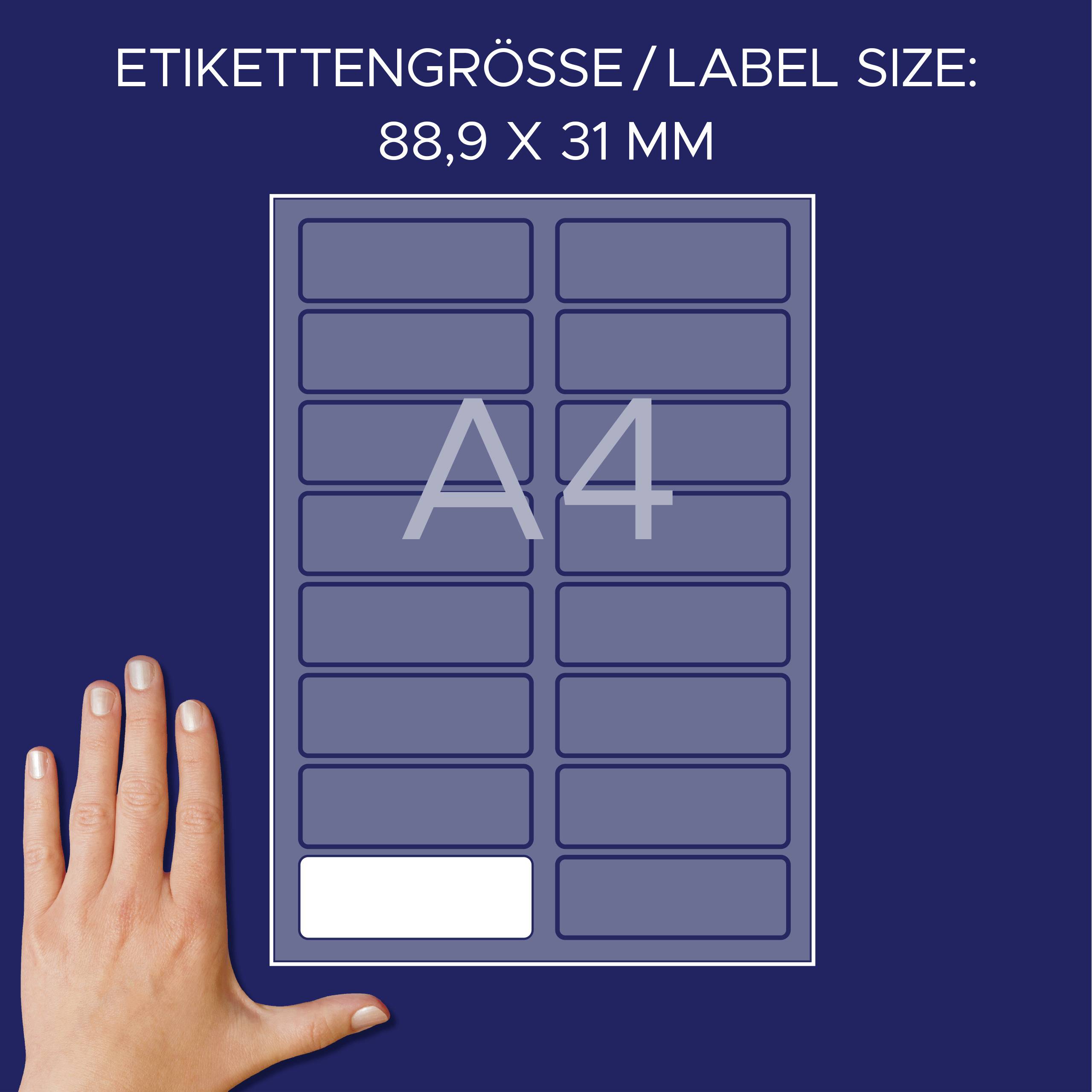 En hånd ligger ved siden af et A4-ark med et etiket på 88,9 x 31 mm for at tydeliggøre etikettens størrelsesforhold.