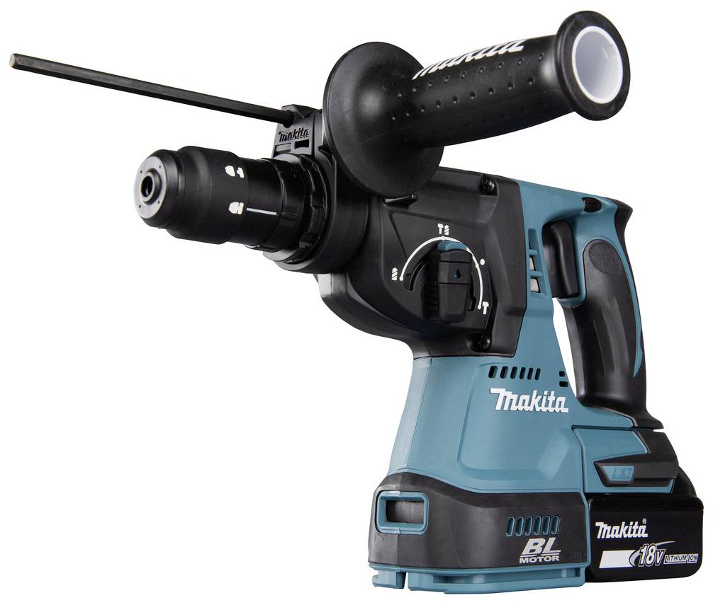 En trådløs borehammer med ergonomisk greb og 18V-batteri. Mærkenavnet er synligt på huset. Velegnet til tunge boreopgaver.