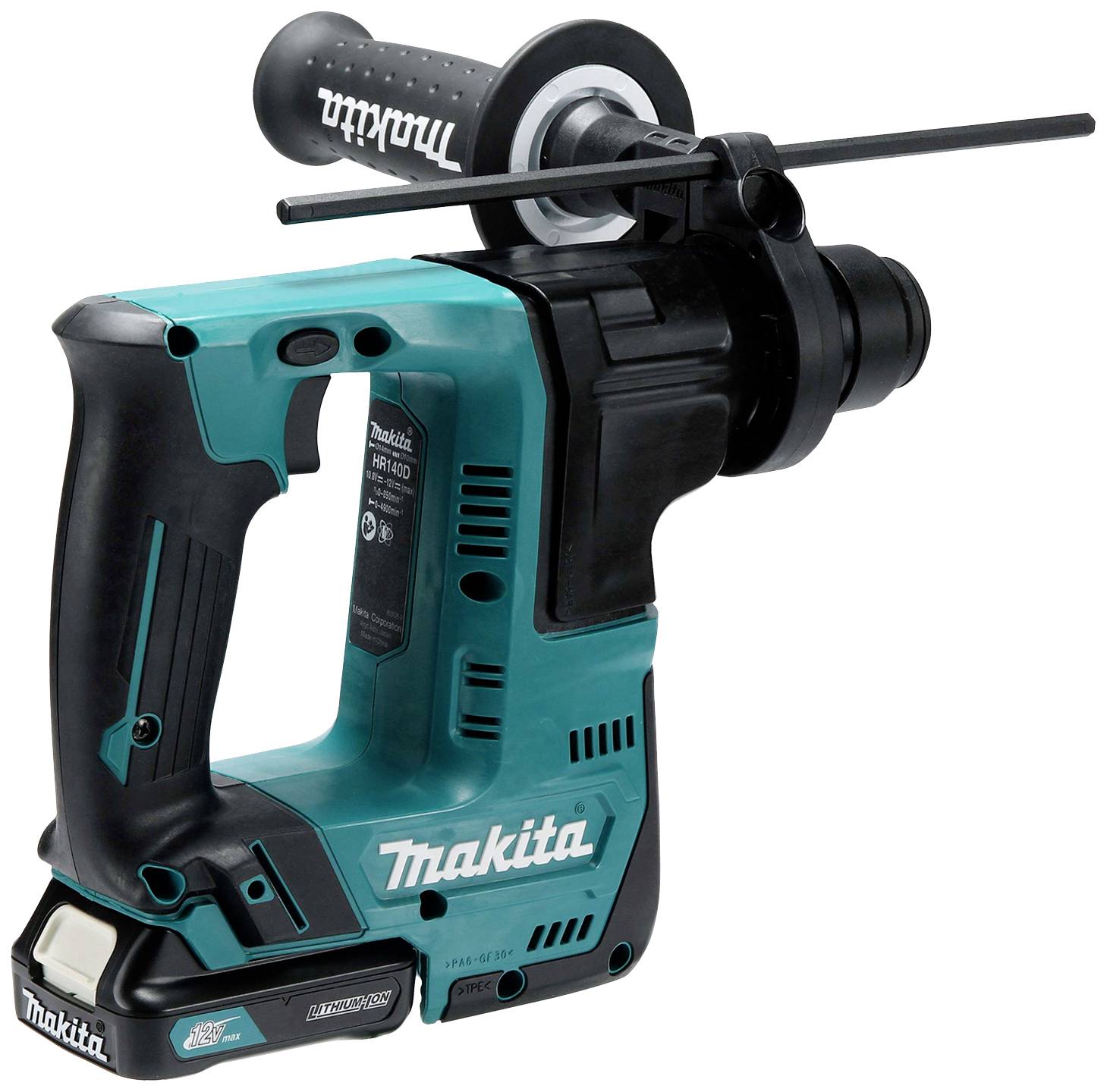 Trådløs grøn og sort borehammer med ergonomisk greb og Makita-logo.