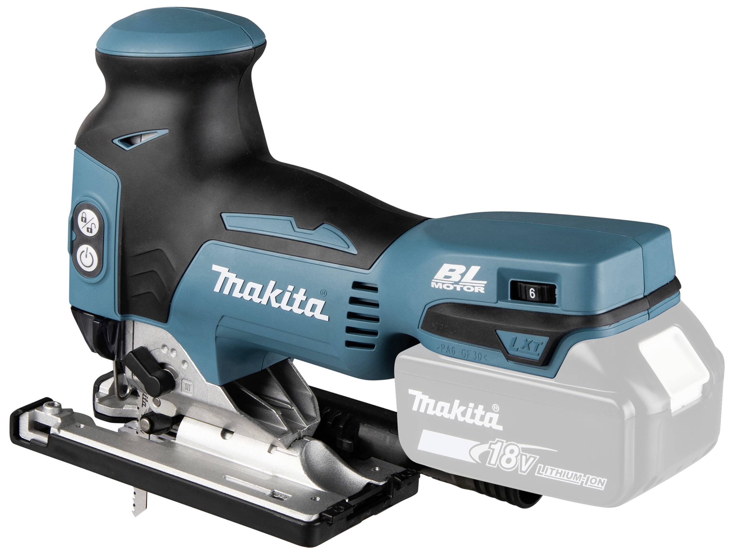 Makita akku-stiksav i blå og sort med synligt savklinge og ergonomisk greb.