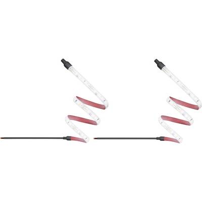To flexibel LED-strimler, S-formet bøjet, på hvid baggrund. Foroven sorte stik, forneden åbne ender til tilslutning.