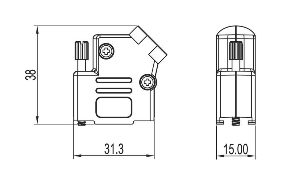 Teknisk tegning af en komponent med mål: Højde 38 mm, bredde 31,3 mm, dybde 15 mm. For- og sidevisning vist.