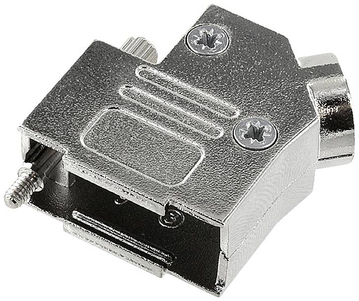 Metalkappe til D-Sub-stik, vinklet, med skruer til fastgørelse, fungerer som beskyttelsesdæksel til elektriske forbindelser.