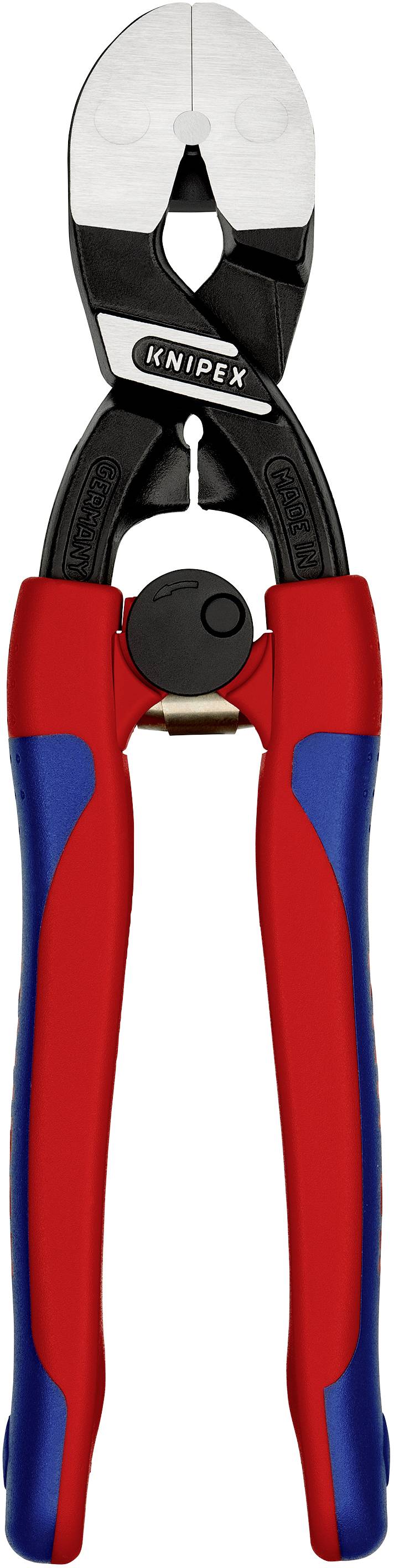 En rød Knipex kabeltang med isolerede håndtag og et robust blad, egnet til at klippe kabler og ledninger.