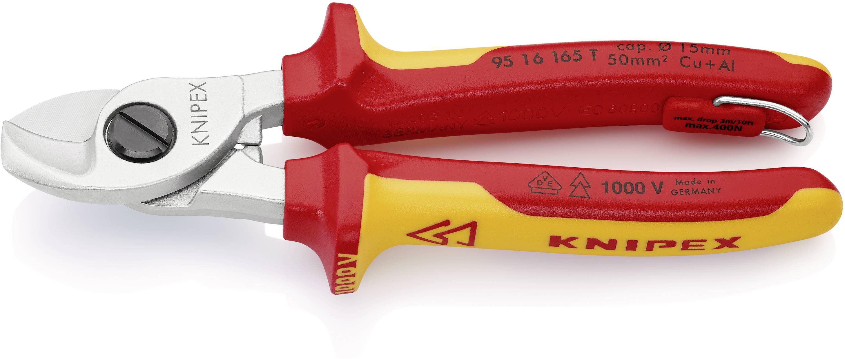 En rød og gul Knipex kabelsaks med isolerede håndtag og påtrykt '1000 V', egnet til sikker håndtering af elektriske ledninger.