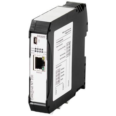 En sort CAN@net NT 200-enhed med USB- og Ethernet-tilslutninger, modeloplysninger og LED-indikatorer på forsiden.