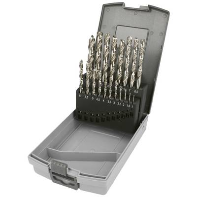 En åben plastikbeholder med et sæt på tolv metalboremaskiner i forskellige størrelser, arrangeret fra 1,5 mm til 6,5 mm.