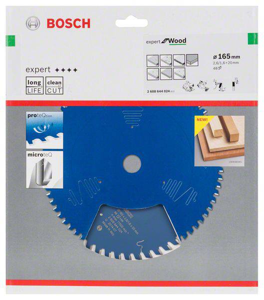 'Bosch savklinge til træ, 165 mm, Expert-serien. Egnet til rene snit, med Proteqtion- og Microteq-teknologi.'