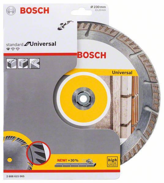 Emballage til en Bosch Diamant-skæreskive, 230 mm diameter, egnet til beton og mursten, fremhævet af "high speed"-logo.