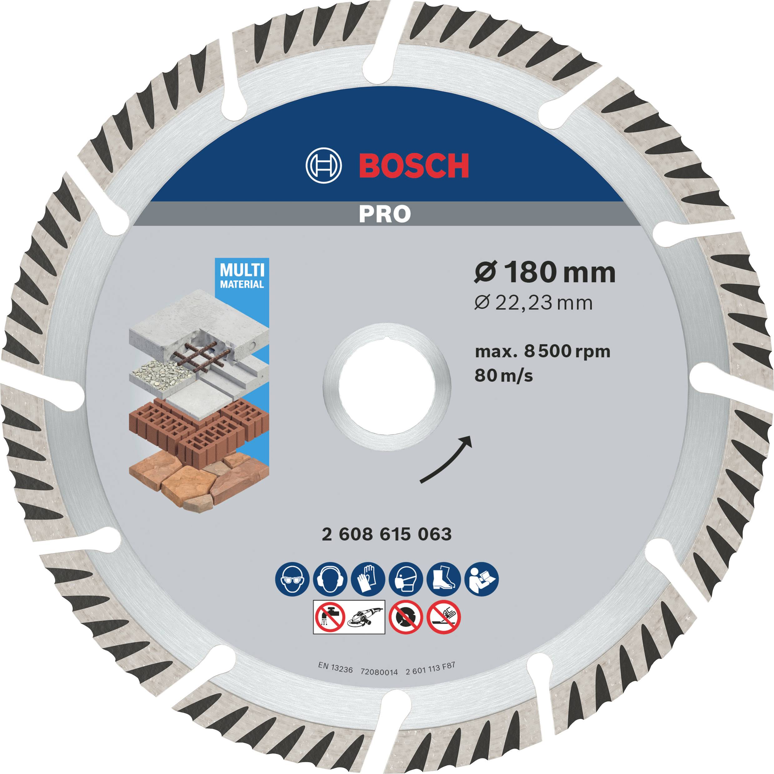 Rundsavsklinge 'Bosch Pro', 180 mm diameter, til forskellige materialer som beton og mursten, maks. 8500 omdrejninger/min, 80 m/s.