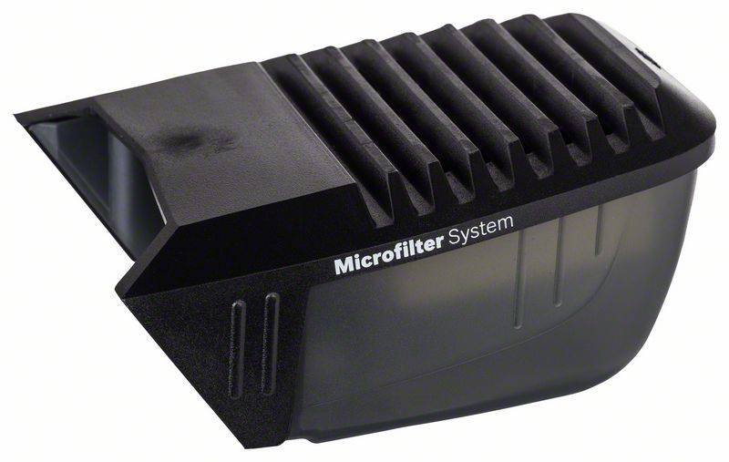 Sort plastikdæksel med påskrift 'Microfilter System', indeholder ventilationsåbninger og transparent sektion.