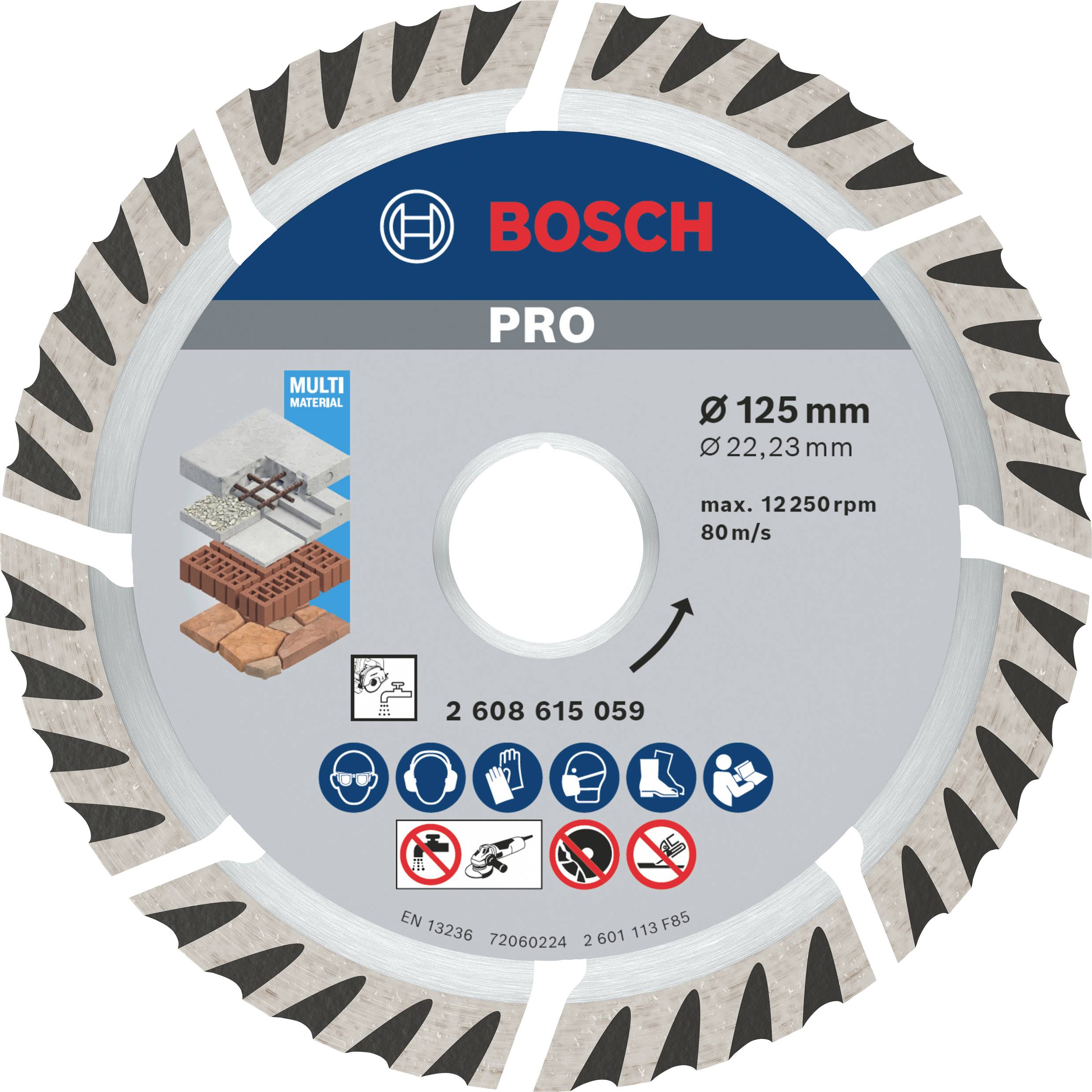 Bosch skæreskive, diameter 125 mm, egnet til multimaterialer som beton og sten, maksimal omdrejningshastighed 12.250 o/min.