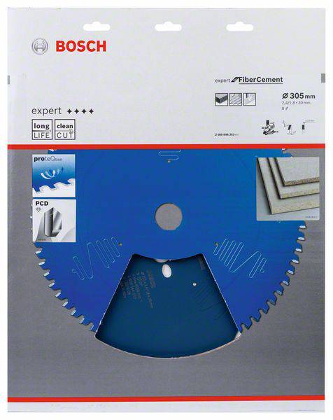 Bosch Expert savklinge til fibercement-materialer' emballage viser en blå cirkulær savklinge. Tekst: 'lang levetid ren skæring', diameter 305 mm.