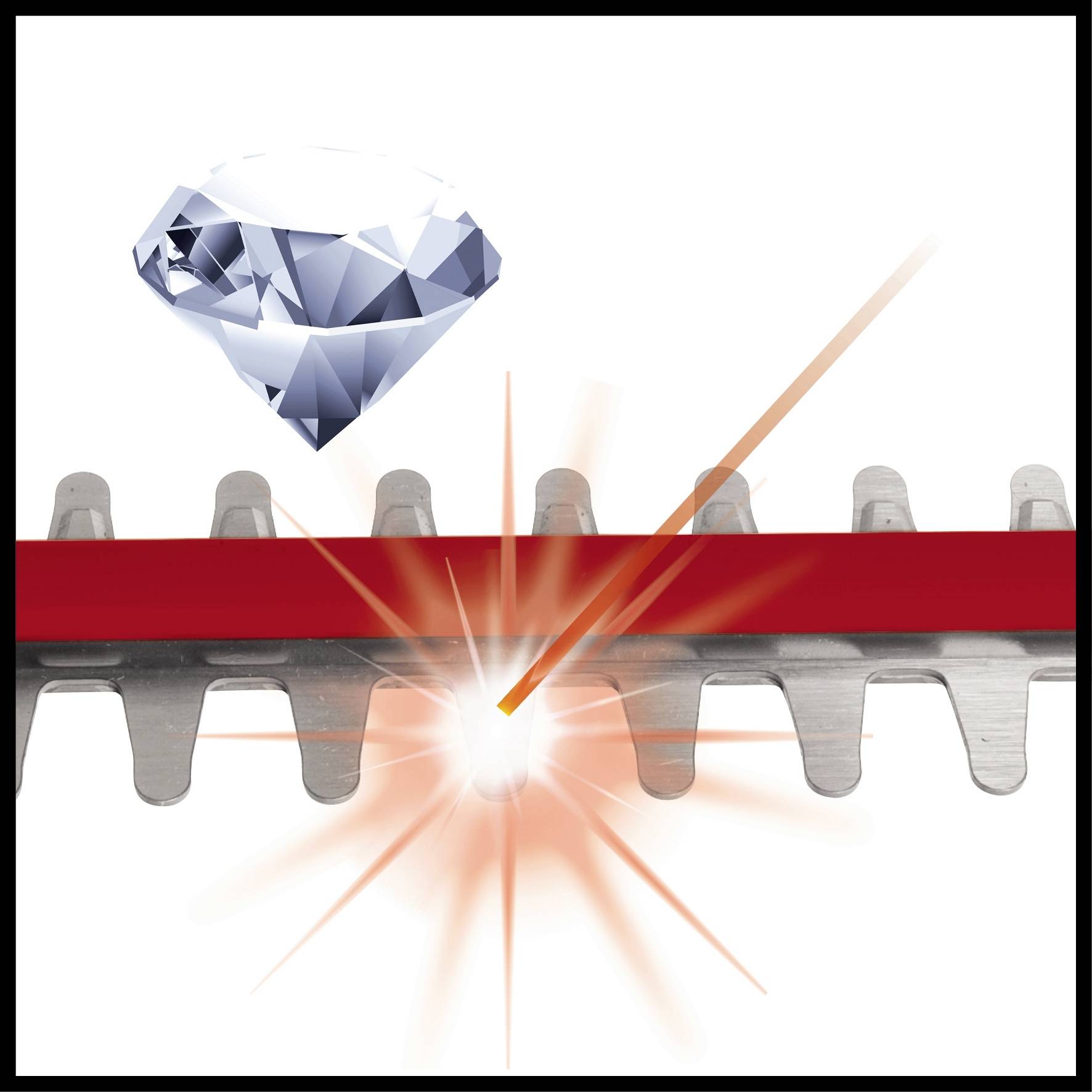 Et diamantskær gennem metaltænder med en laserstråle symboliserer præcision og skærekraft i diamantteknologien.