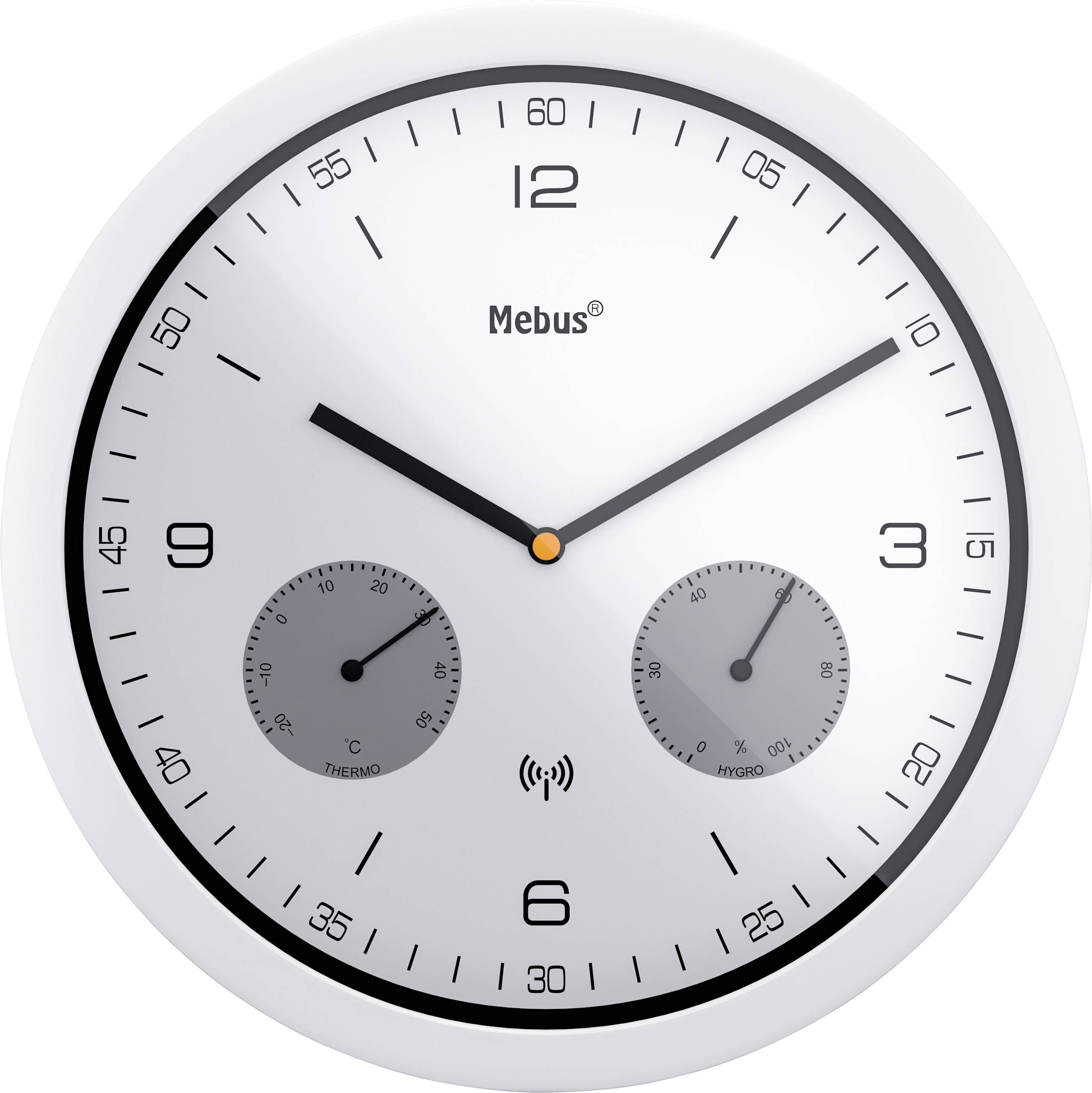 Et rundt vægur med sorte time- og minutviser og en sekundviser med orange spids viser tiden. To mindre urskiver viser temperatur og luftfugtighed.