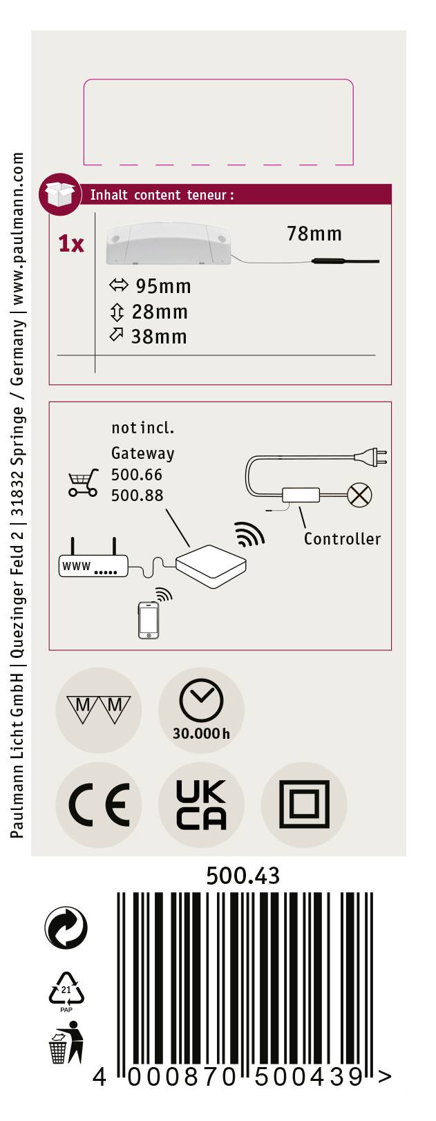 Bagsiden af emballagen til en controller. Indeholder: En stikbar controller, Dimensioner: 95mm, 28mm, 38mm; Gateway sælges separat. Symboler: CE, UKCA, 30.000t. Stregkode 500.43.