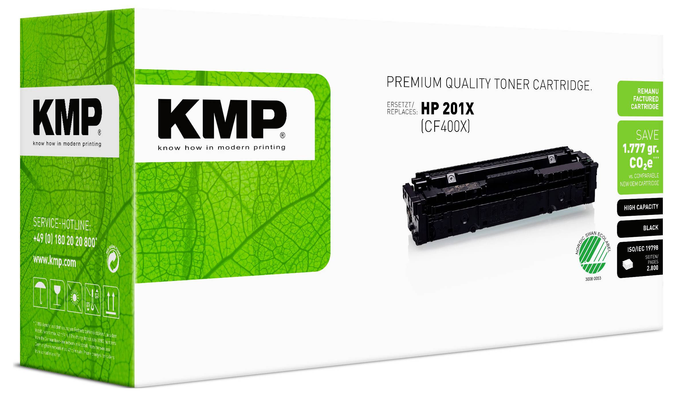 KMP premium kvalitets tonerkassette emballage til HP 201X (CF400X), der viser en sort kassette og produktdetaljer på en hvid og grøn æske.