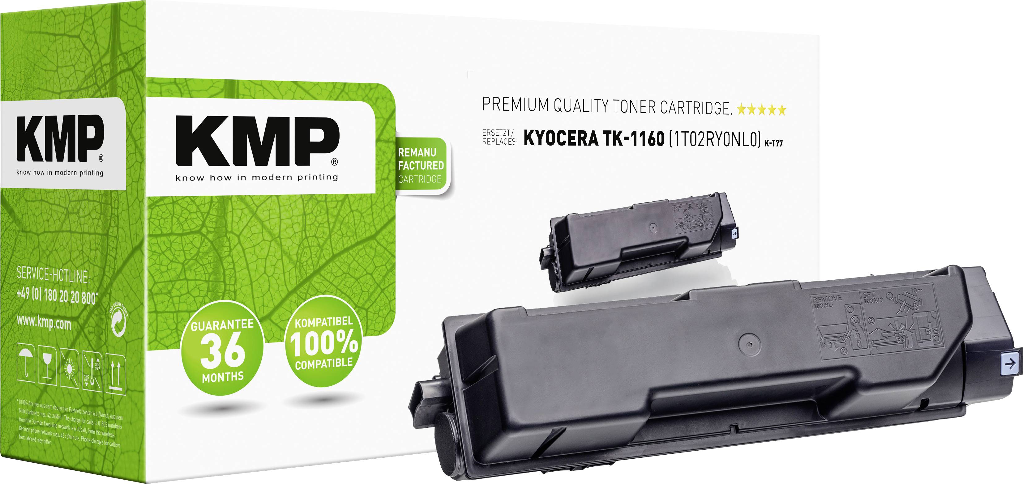'Toner-patron KMP KYOCERA TK-1160' på hvid baggrund, fremhævet med detaljer om garanti og kompatibilitet på emballagen.