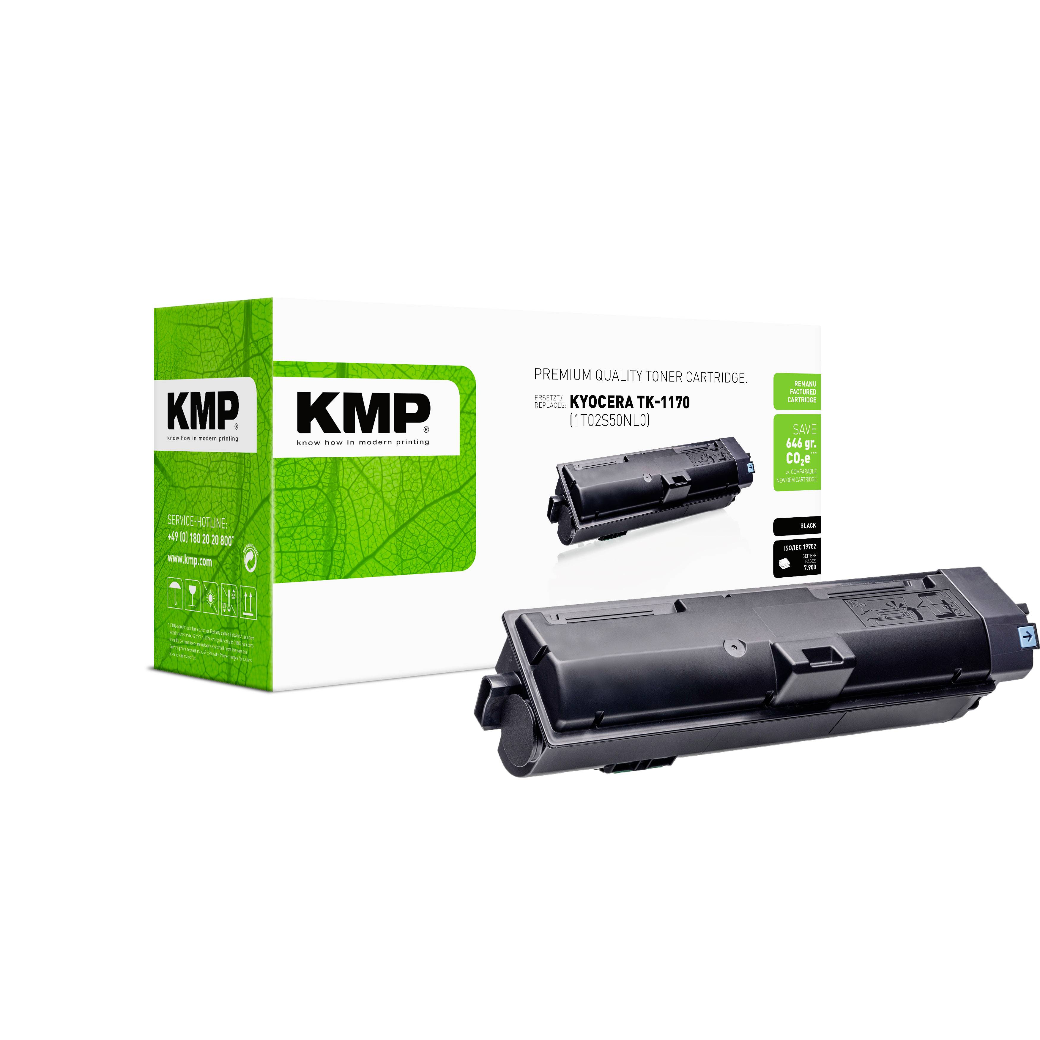Sort tonerpatron fra mærket KMP til Kyocera-printer, ved siden af emballage med teksten 'Premium Quality Toner Cartridge'.