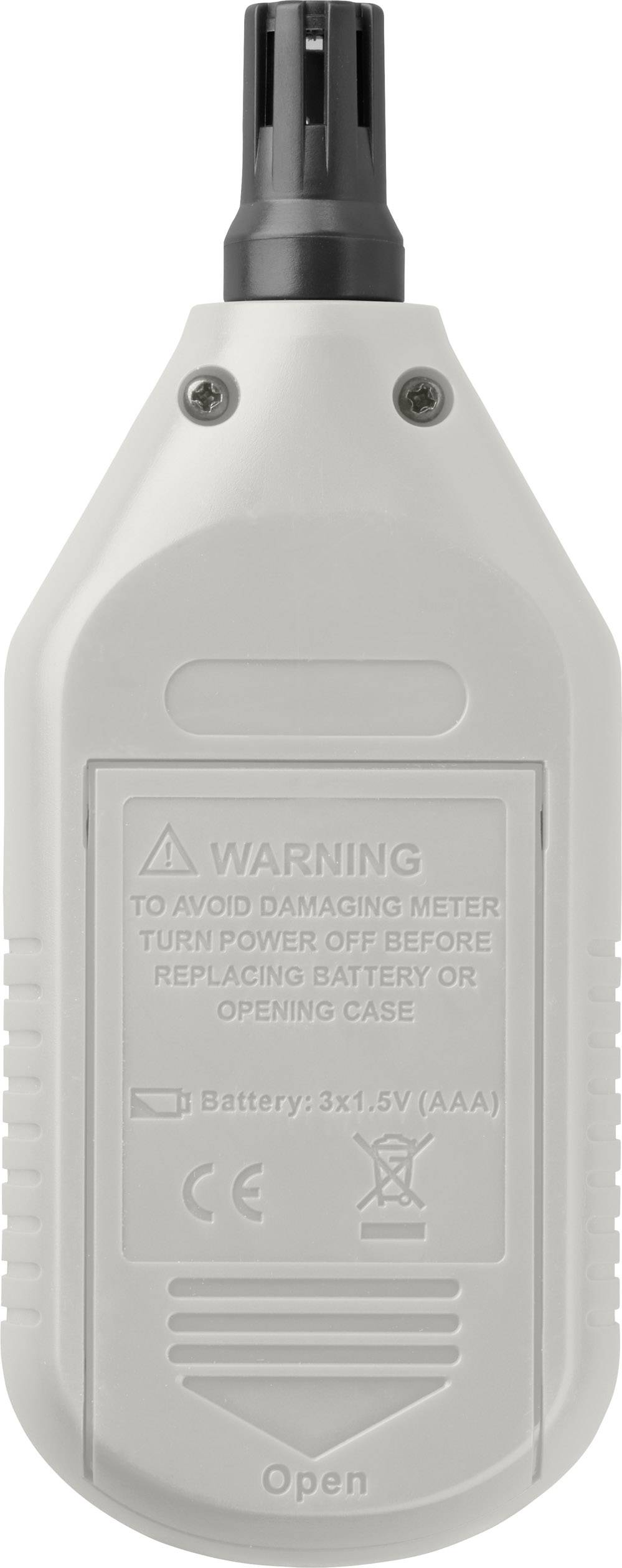 Grå-hvidt digitalt måleudstyrshus med ventilationssprækker. På bagsiden er der en advarsel om at slukke strømmen før batteriskift.