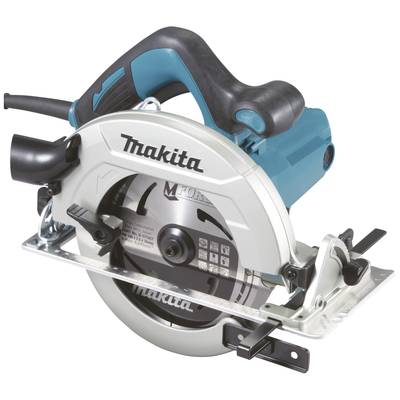 Elektrisk håndrundsav i blå og sølv med sort håndtag; 'Makita'-mærke på huset; nyttig til træarbejde.