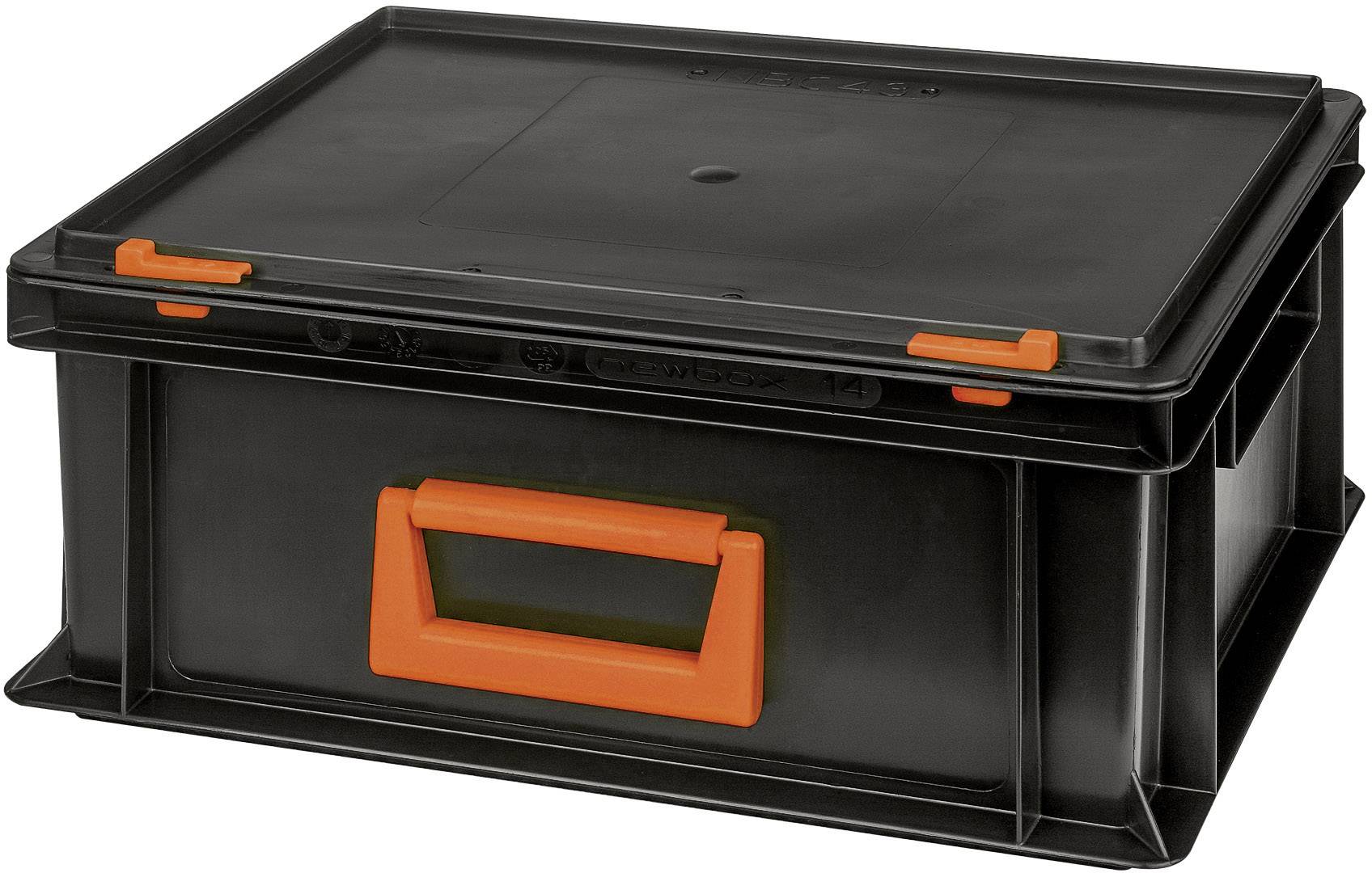 Sort plastikkasse med orange låse og håndtag.