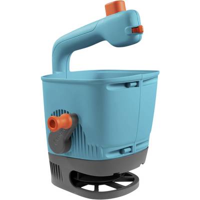 En blå håndspreeder med orange betjeningselementer, egnet til spredning af frø eller gødning, står alene på hvid baggrund.