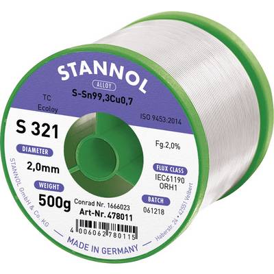 Loddetrådrulle fra mærket Stannol, model S 321, diameter 2,0 mm, vægt 500 g. Oplysninger om legering, flux og standarder.