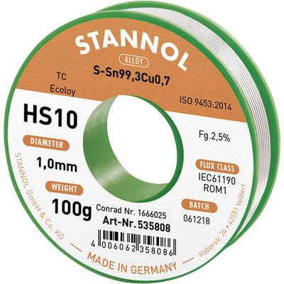 Loddetrådrulle fra STANNOL, model HS10, legering S-Sn99,3Cu0,7, diameter 1,0 mm, vægt 100 g, "Made in Germany".