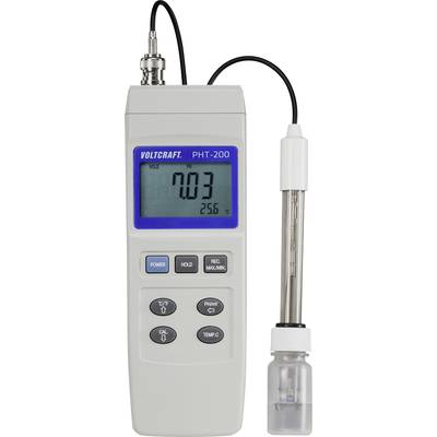 Håndholdt pH-måler, viser 7,03 på displayet. Model: VOLTCRAFT PHT-200. Velegnet til præcise laboratorieanalyser.