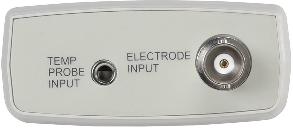 En enhed med tilslutninger: til venstre 'TEMP. PROBE INPUT' til temperatursensor og til højre 'ELECTRODE INPUT' til elektrode.