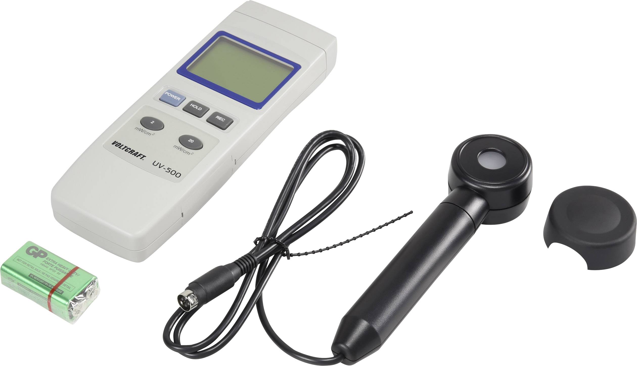 Et UV-sensorsæt med et digitalt måleapparat, sensor med aftagelig dæksel, kabel og et rektangulært batteri til lysmålinger.