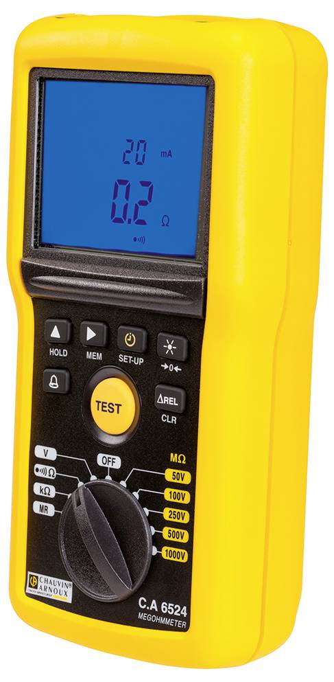 Et gult digitalt multimeter med et blåt display, der viser 20 mA og 0,2 Ω. Forskellige betjeningsknapper er synlige.
