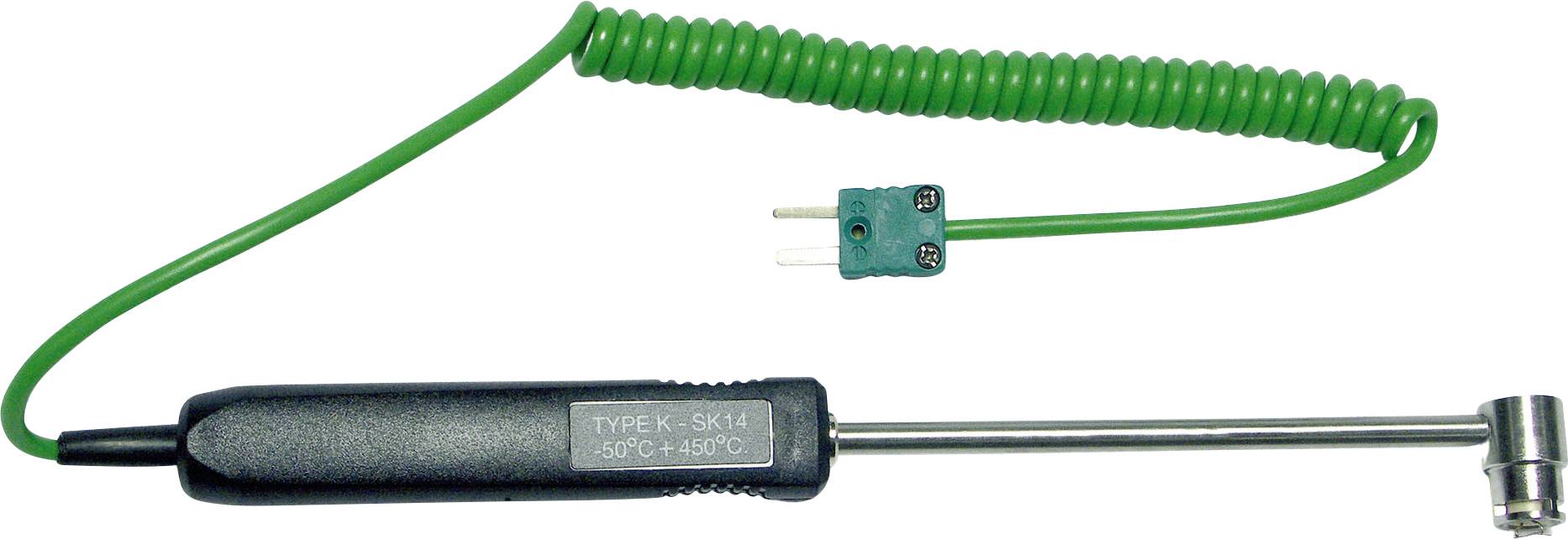 Grøn spiralledning med et Type-K-termoelement på den ene side og en metalprobe på den anden side.