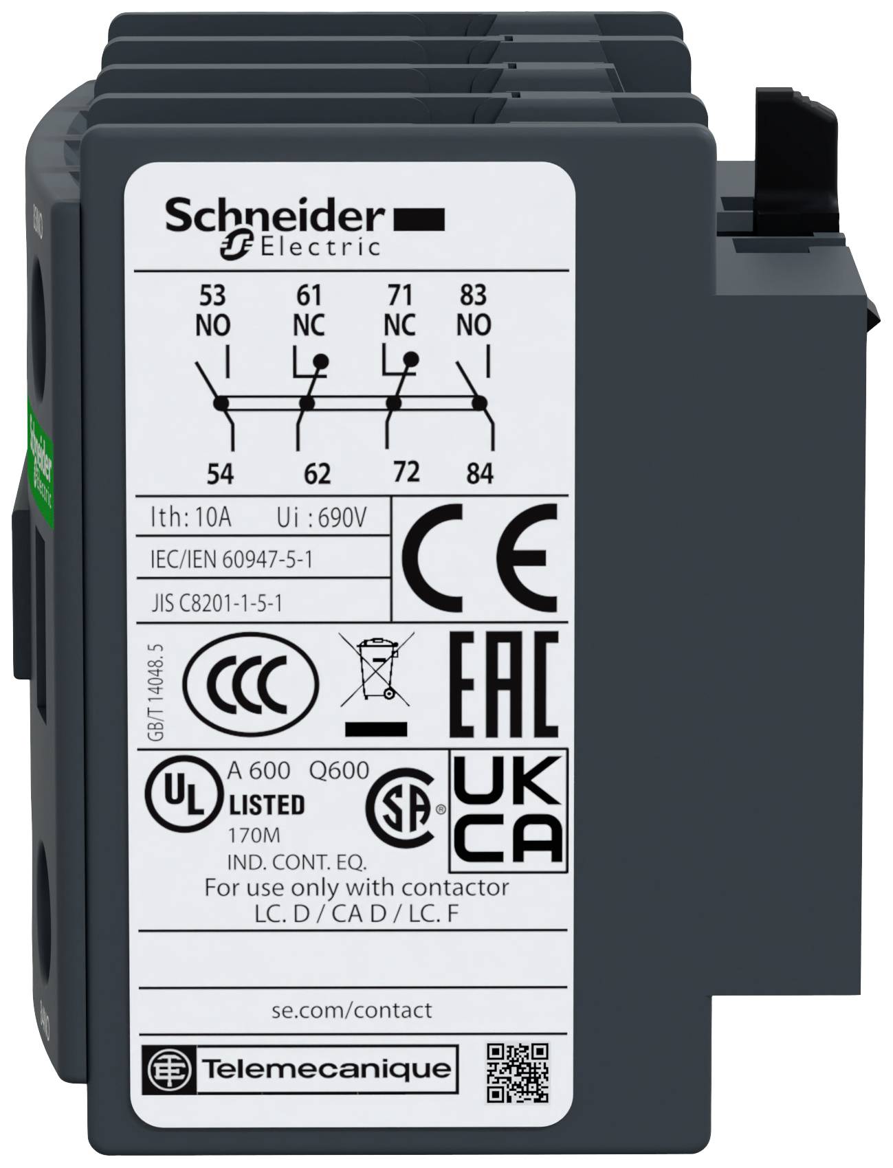En kontaktor fra Schneider Electric med CE-, EAC- og UKCA-certificeringer. Viser elektriske specifikationer og koblingsskemadiagram.