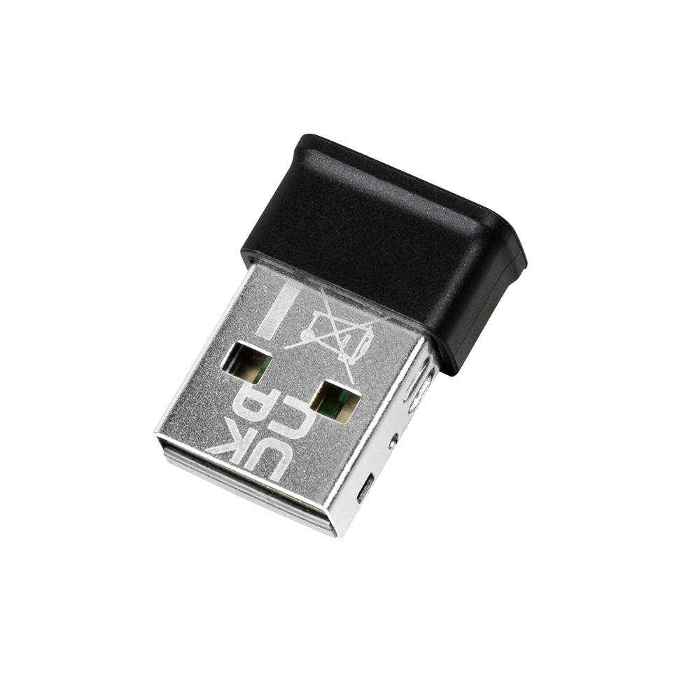 En lille USB-dongle med sort plastikkappe og metalstik, ofte brugt til trådløse forbindelser.