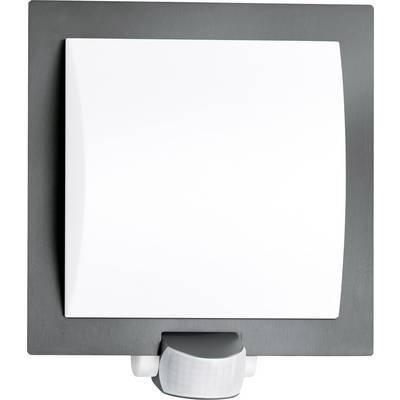 Bevægelsesdetektor med rektangulært design, integreret hvid sensor, monteret foran en mørk baggrund.