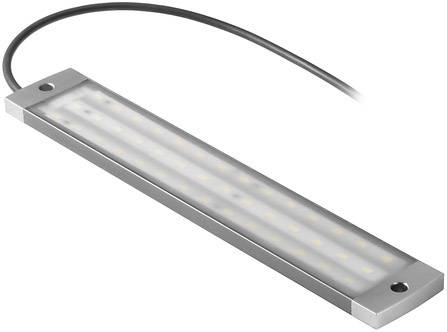 Rektangulær LED-lampe i sølvfarvet kabinet med sort strømkabel. Egnet til belysningsformål.