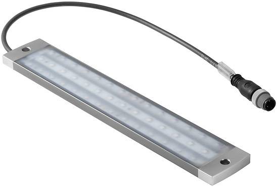 Rektangulær LED-armatur med metalramme og kabelstik. Egnet til industrielle eller tekniske applikationer.