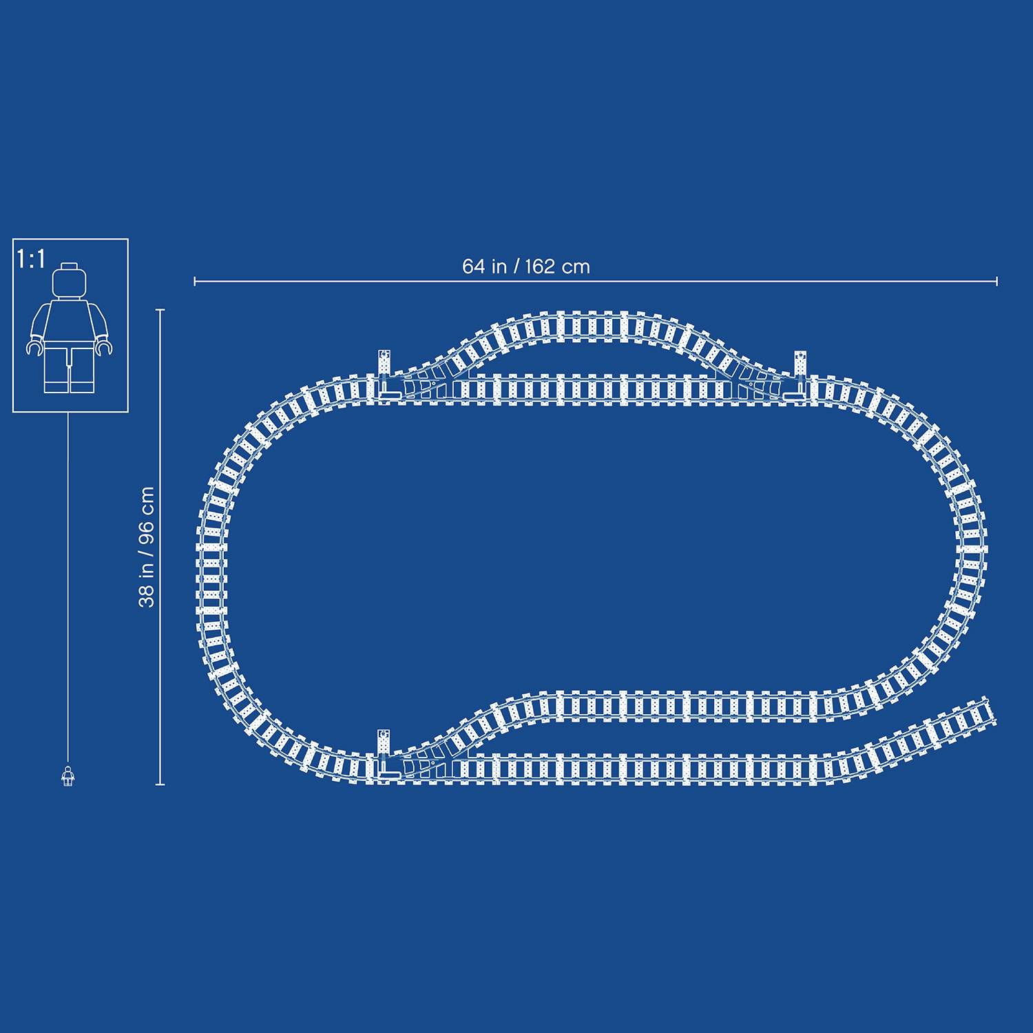 Oval konstruktion på blå baggrund med dimensionerne 162 cm x 99 cm, vist i 1:1 skala med detaljer om LEGO-forbindelser.