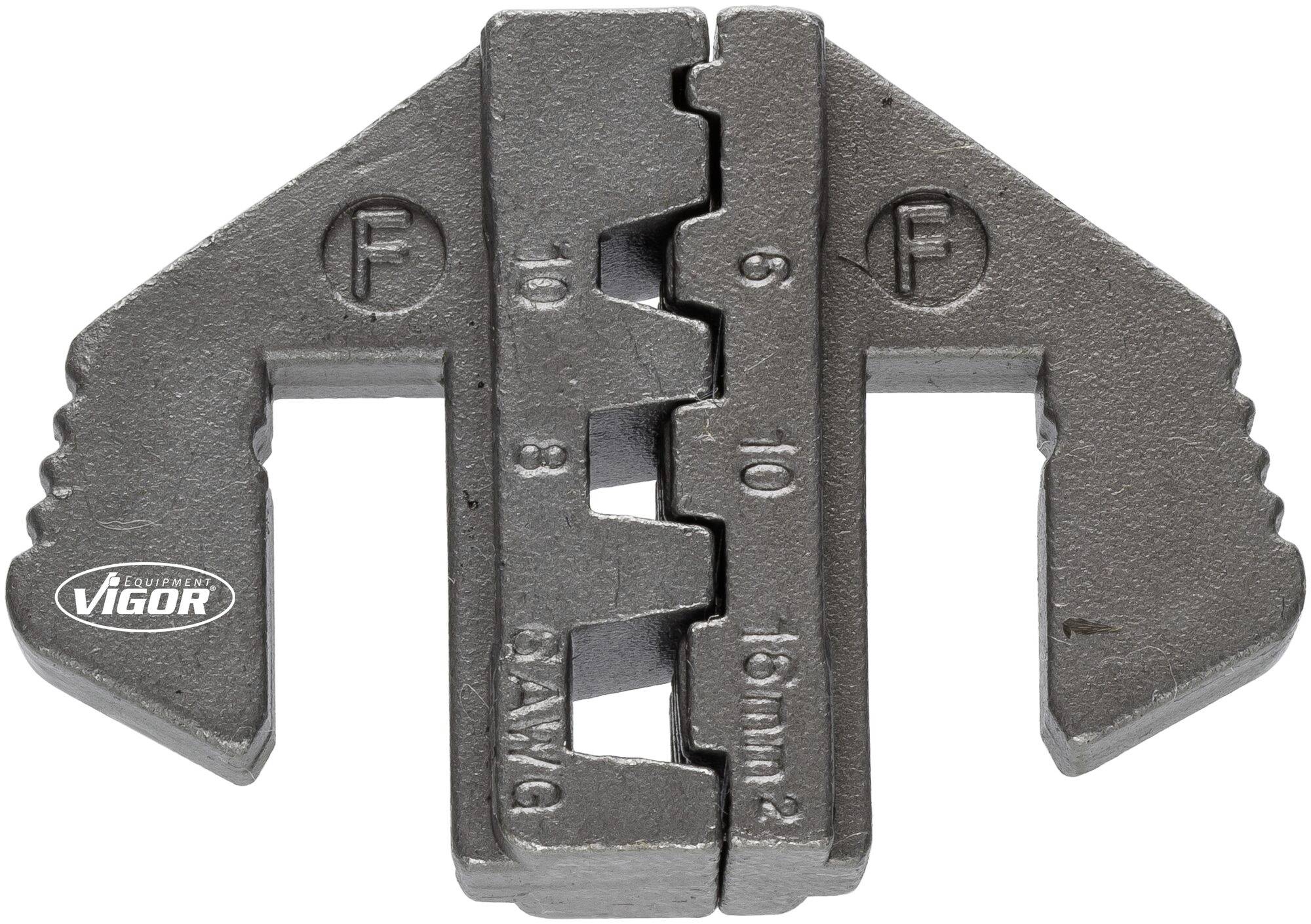 Metaladapter med trinede åbninger fra 5 til 16 mm, forsynet med indgraverede skalaer til størrelsesmåling. Omgivet af 'Vigor' mærkninger.